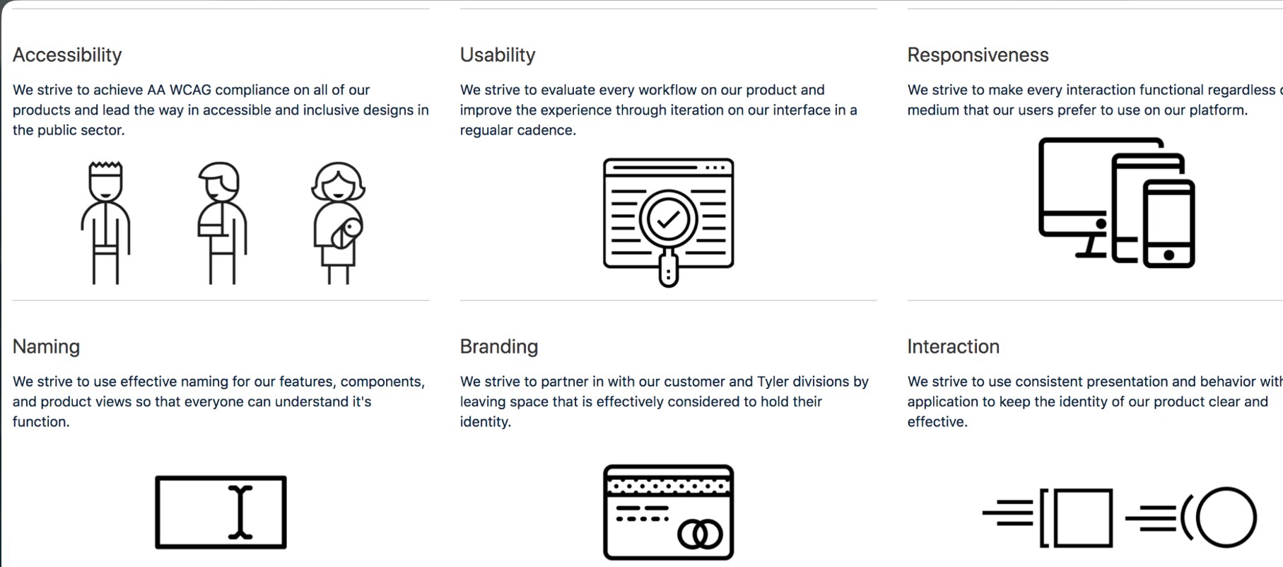 Forge standards for accessibility, usability, responsiveness, naming, branding, and interaction