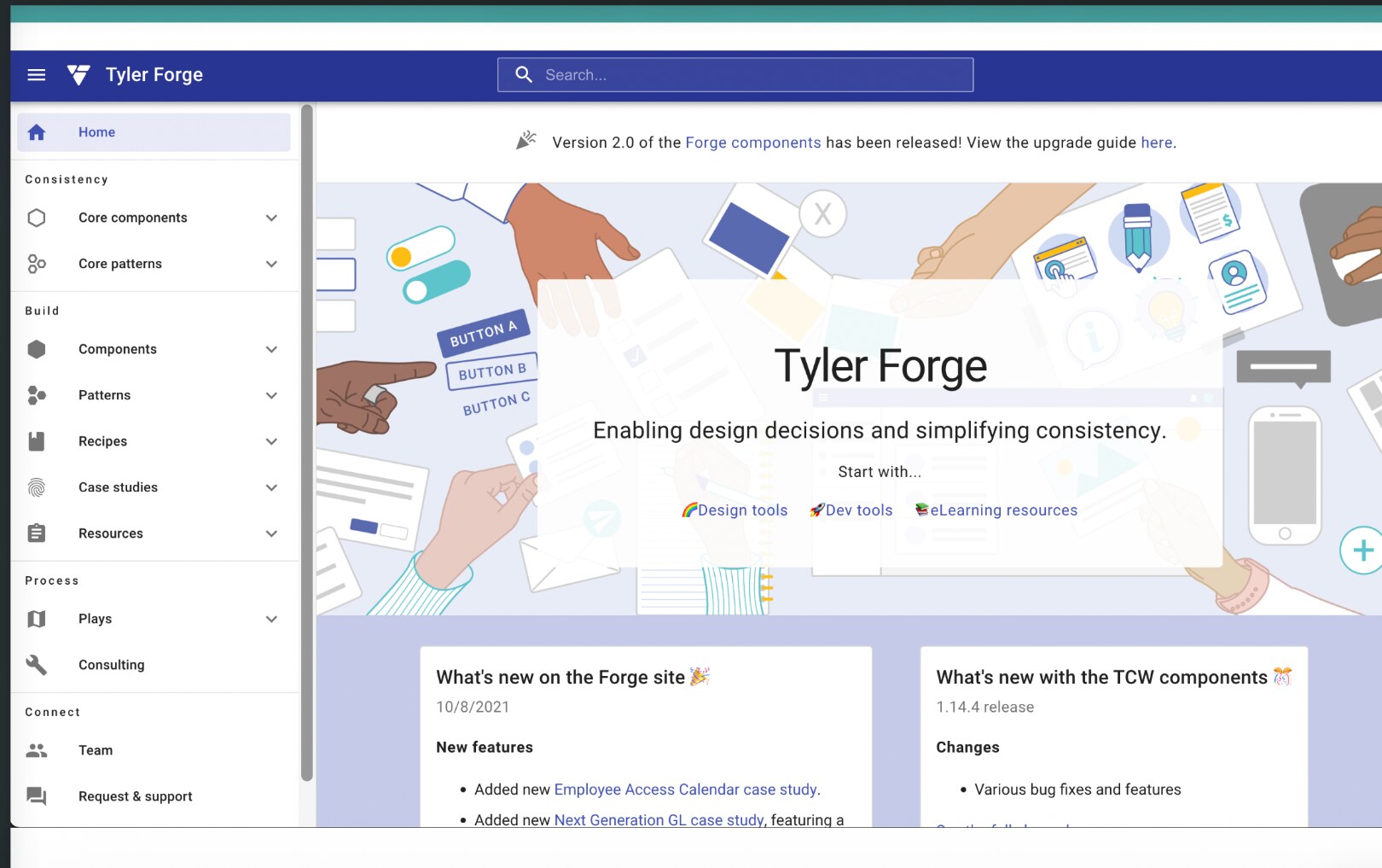 Tyler Forge landing page with entry points for designers, developers, and learning resources