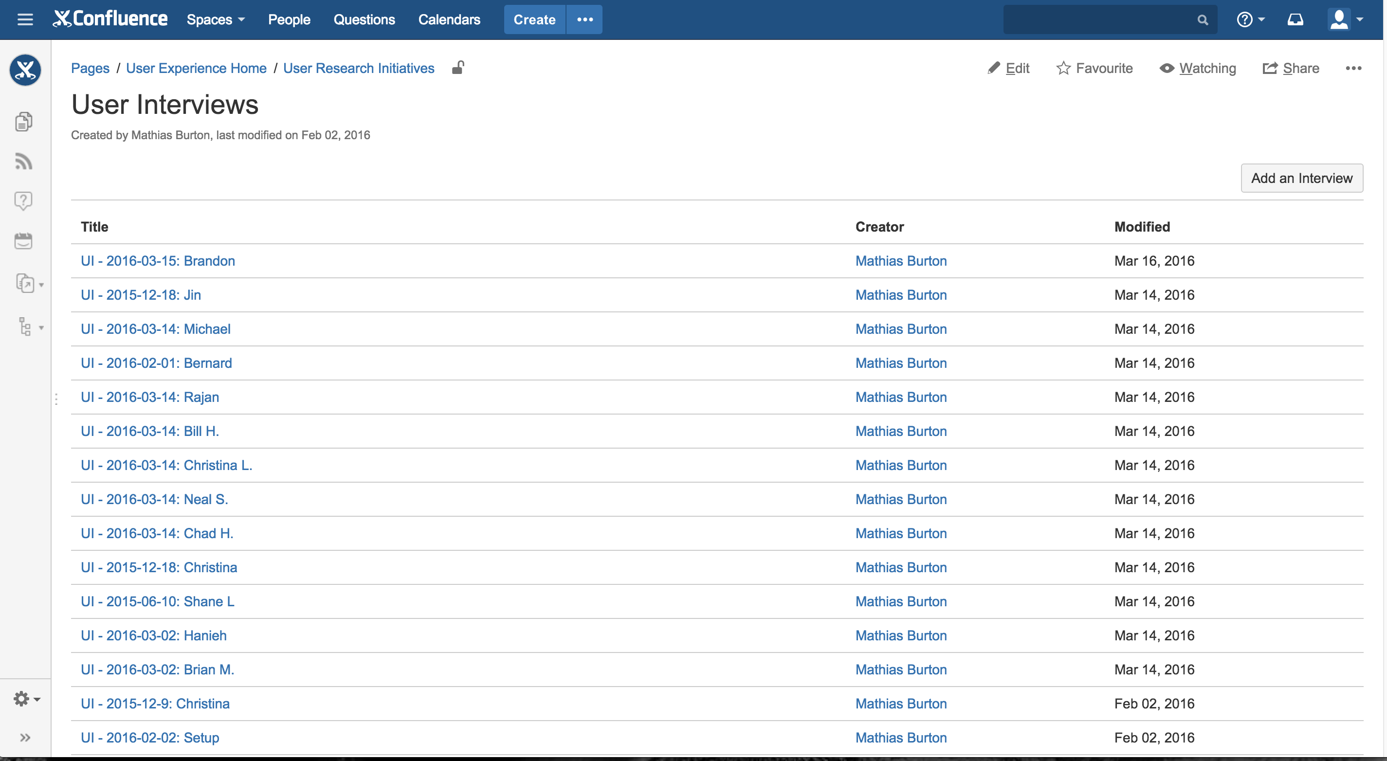 User Interviews repository in the company Confluence knowledge base