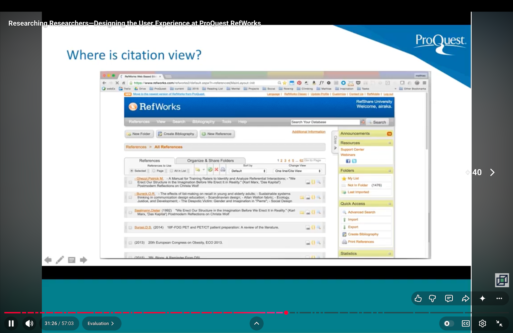 Legacy RefWorks interface with citation view hidden in a dense toolbar