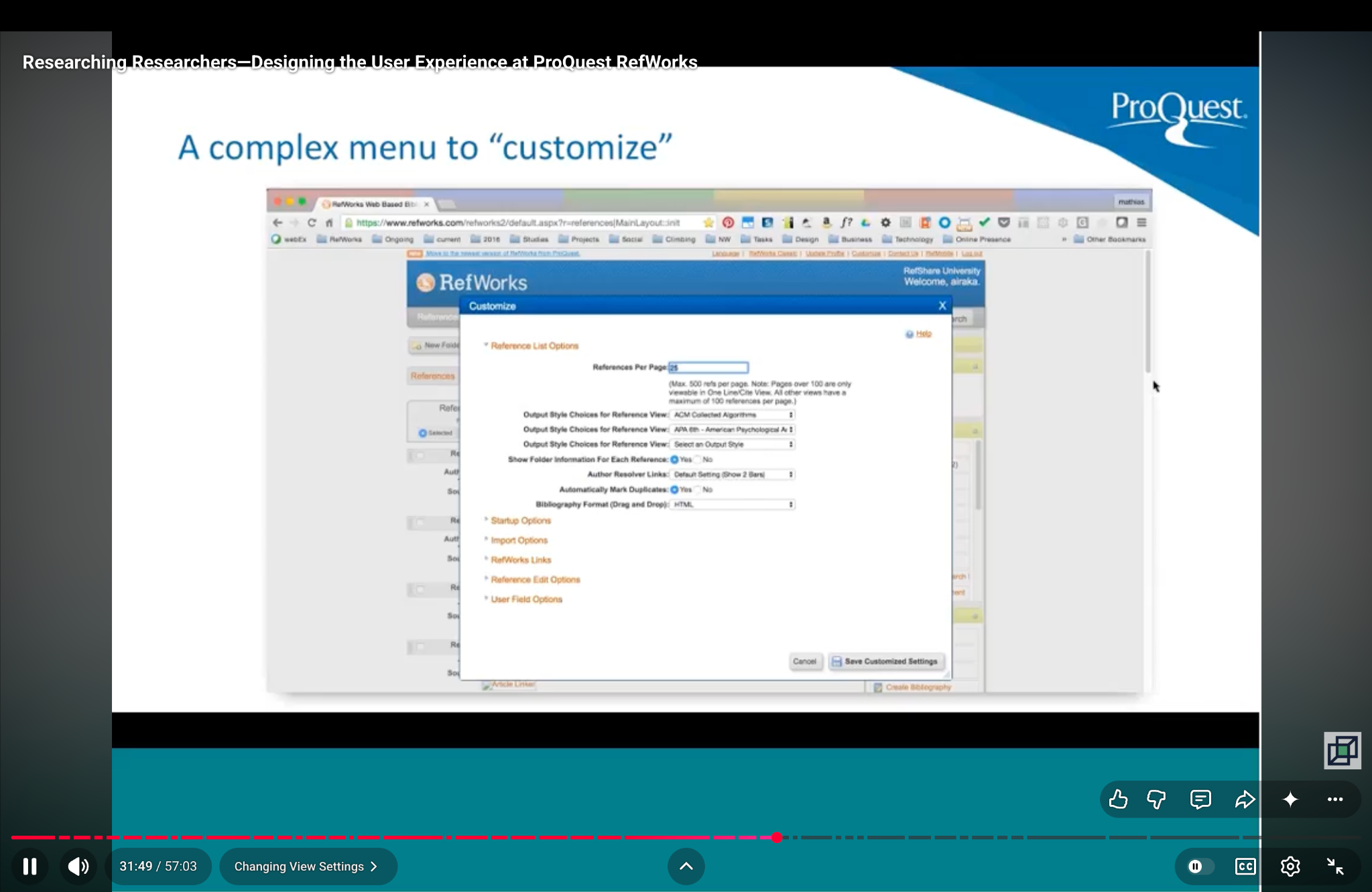 Legacy RefWorks customize citation view dialog