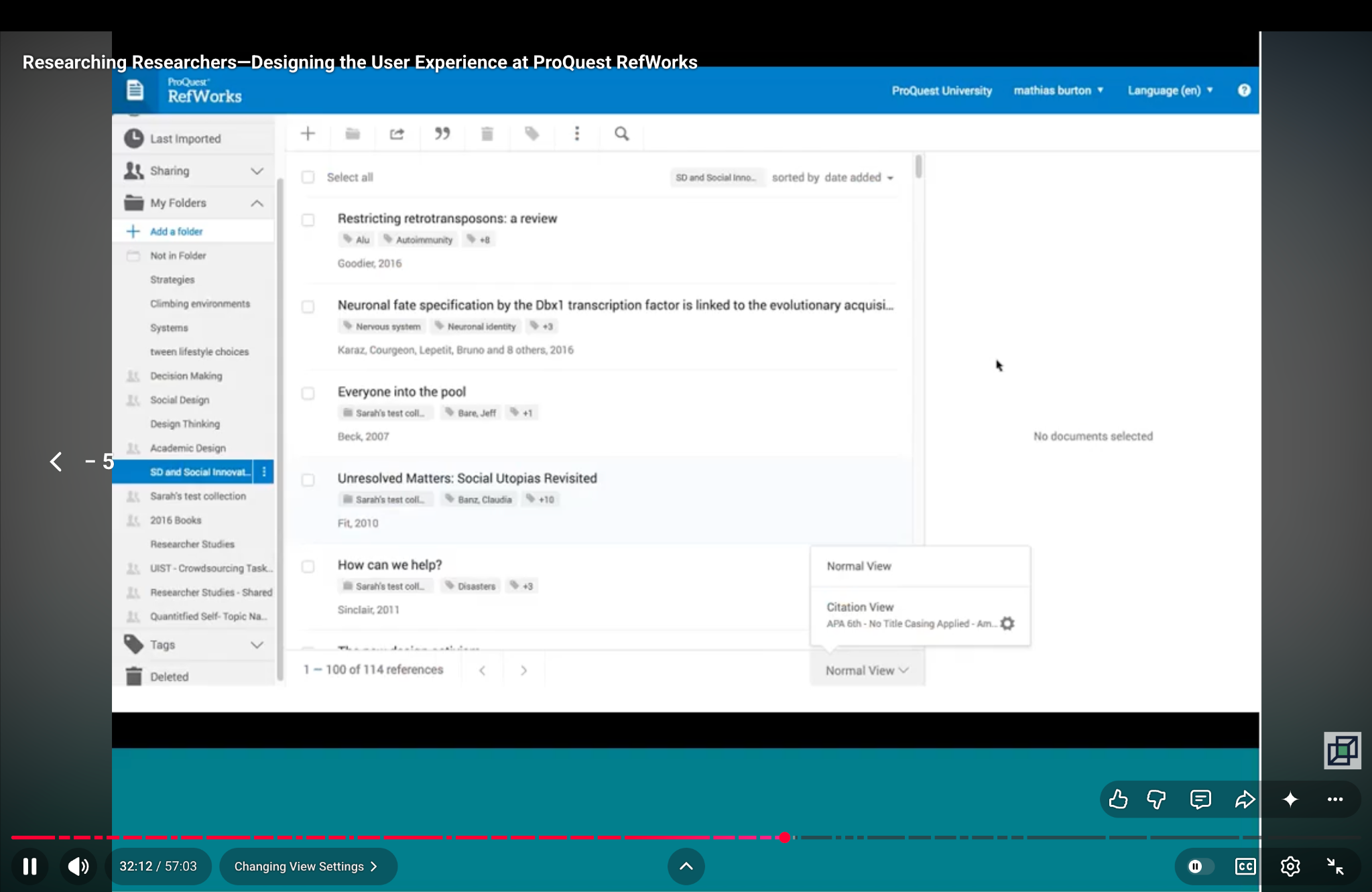 Redesigned RefWorks interface with normal and citation view controls