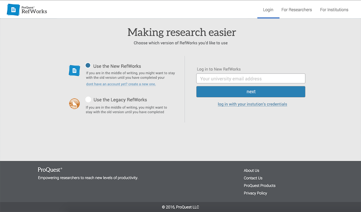 ProQuest screen offering users a choice between the new and legacy RefWorks