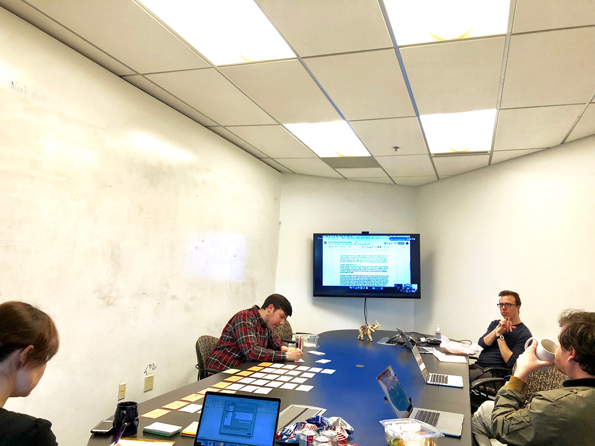 Cross-functional story-mapping workshop with Kyle Hall, Micaela Eaves, and engineering managers