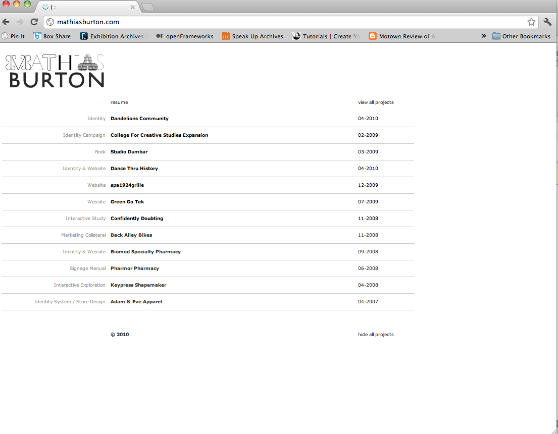 An early Mathias Burton portfolio website from 2012