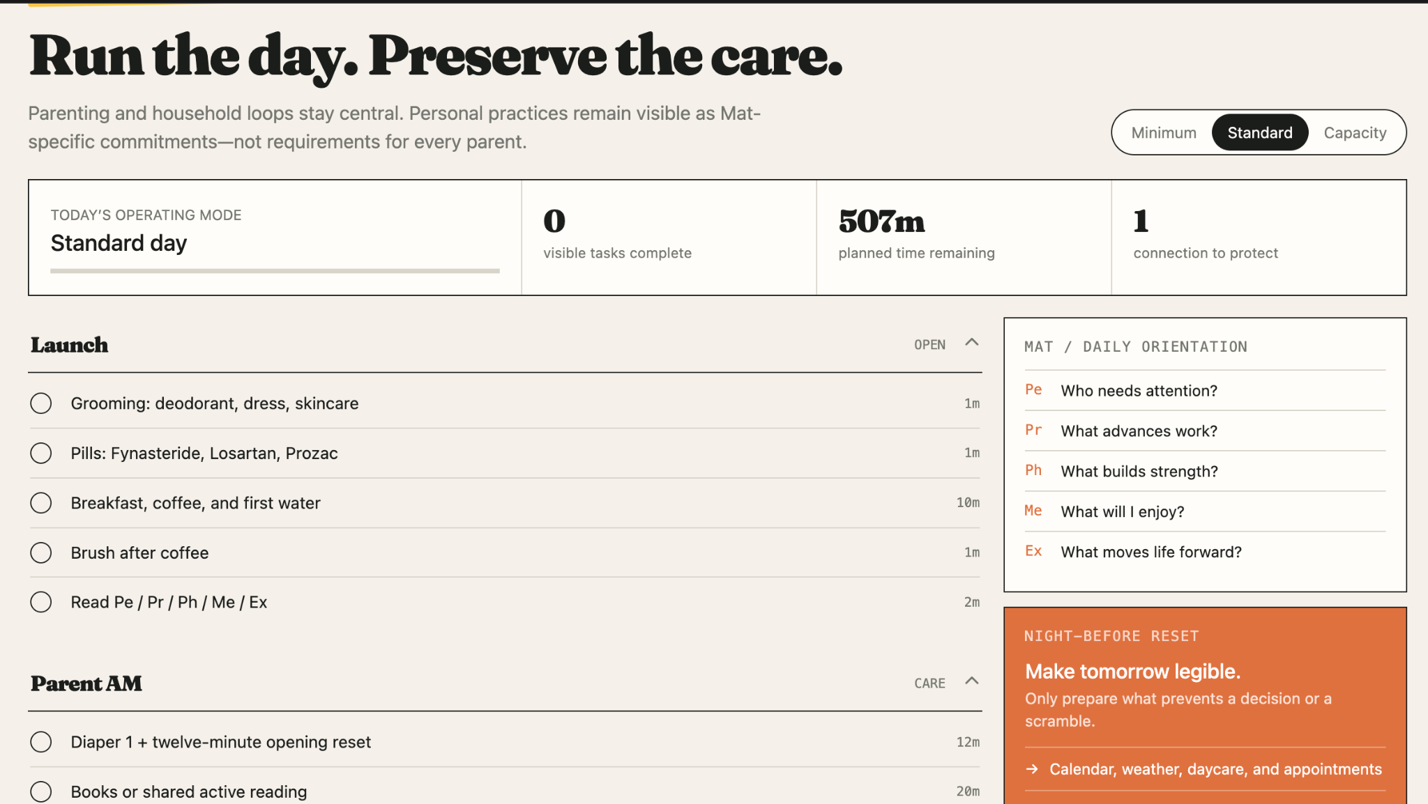 Parenting dashboard daily operations and household routine view
