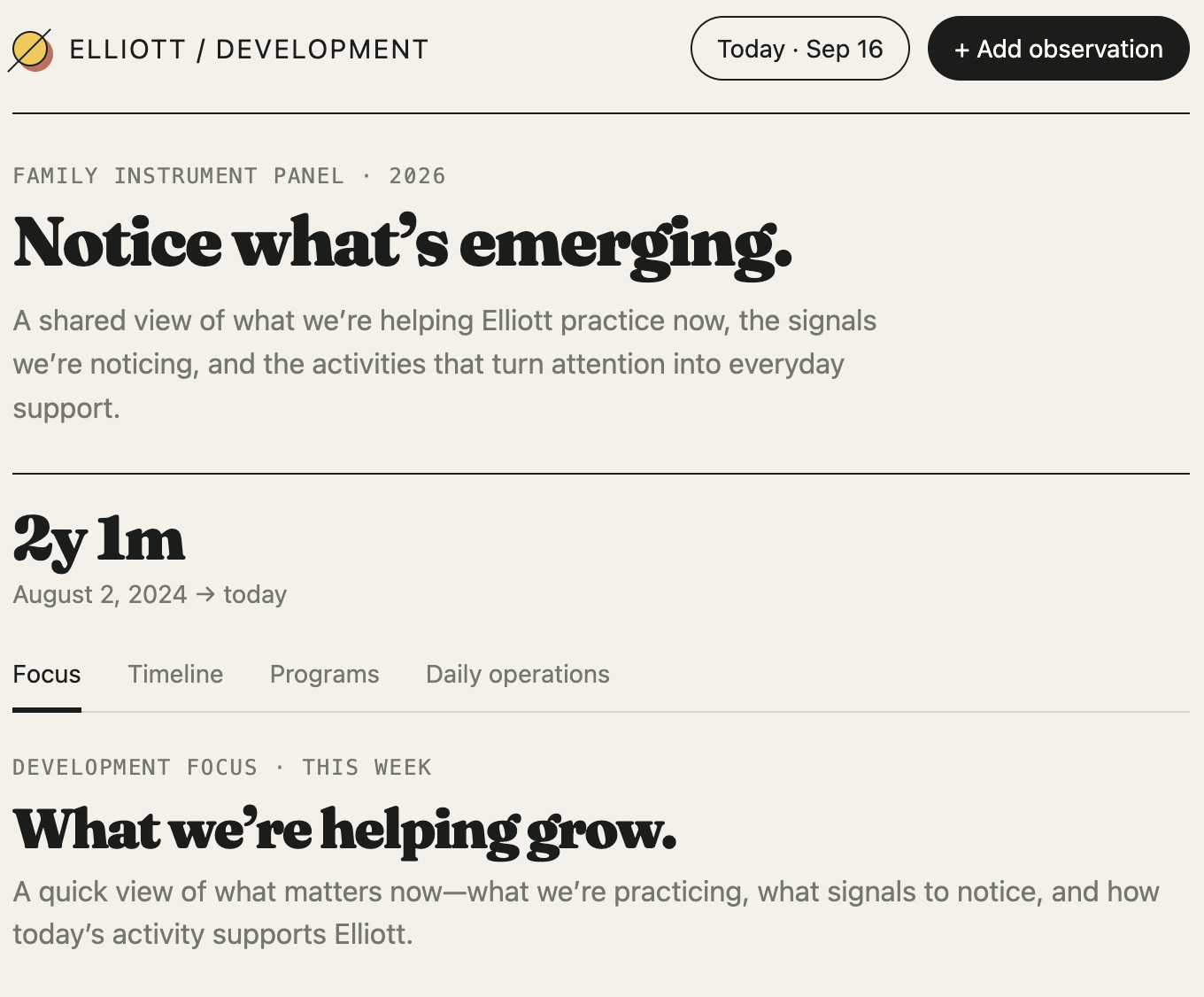 Parenting dashboard development overview for Elliott